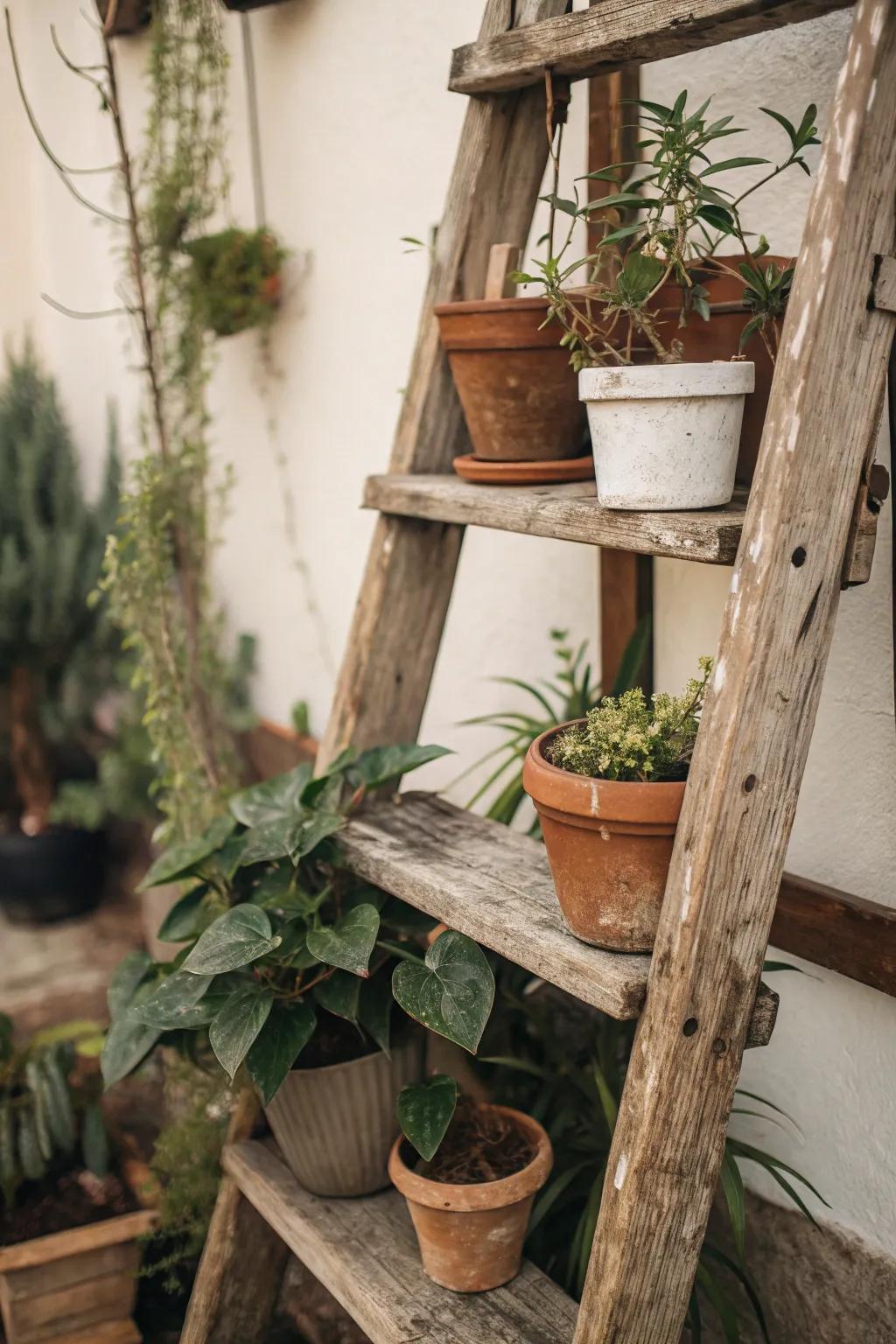 Countryside appeal with a ladder plant shelf.