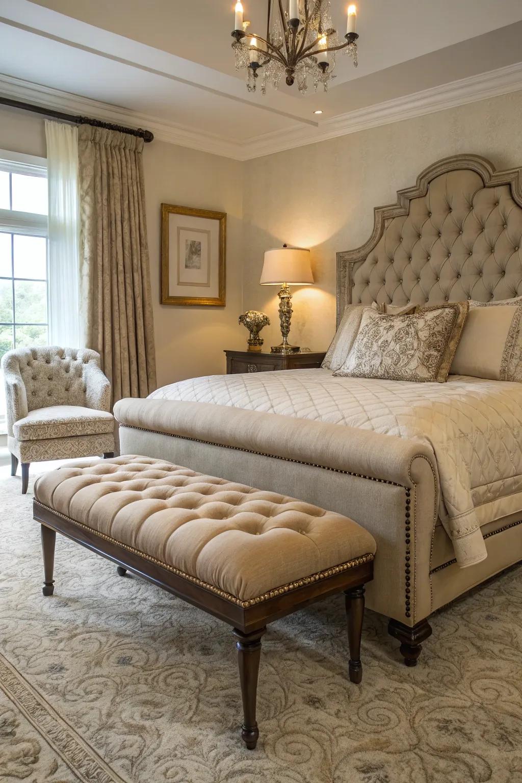Polished furnishings raise the elegance of a plush bedroom.