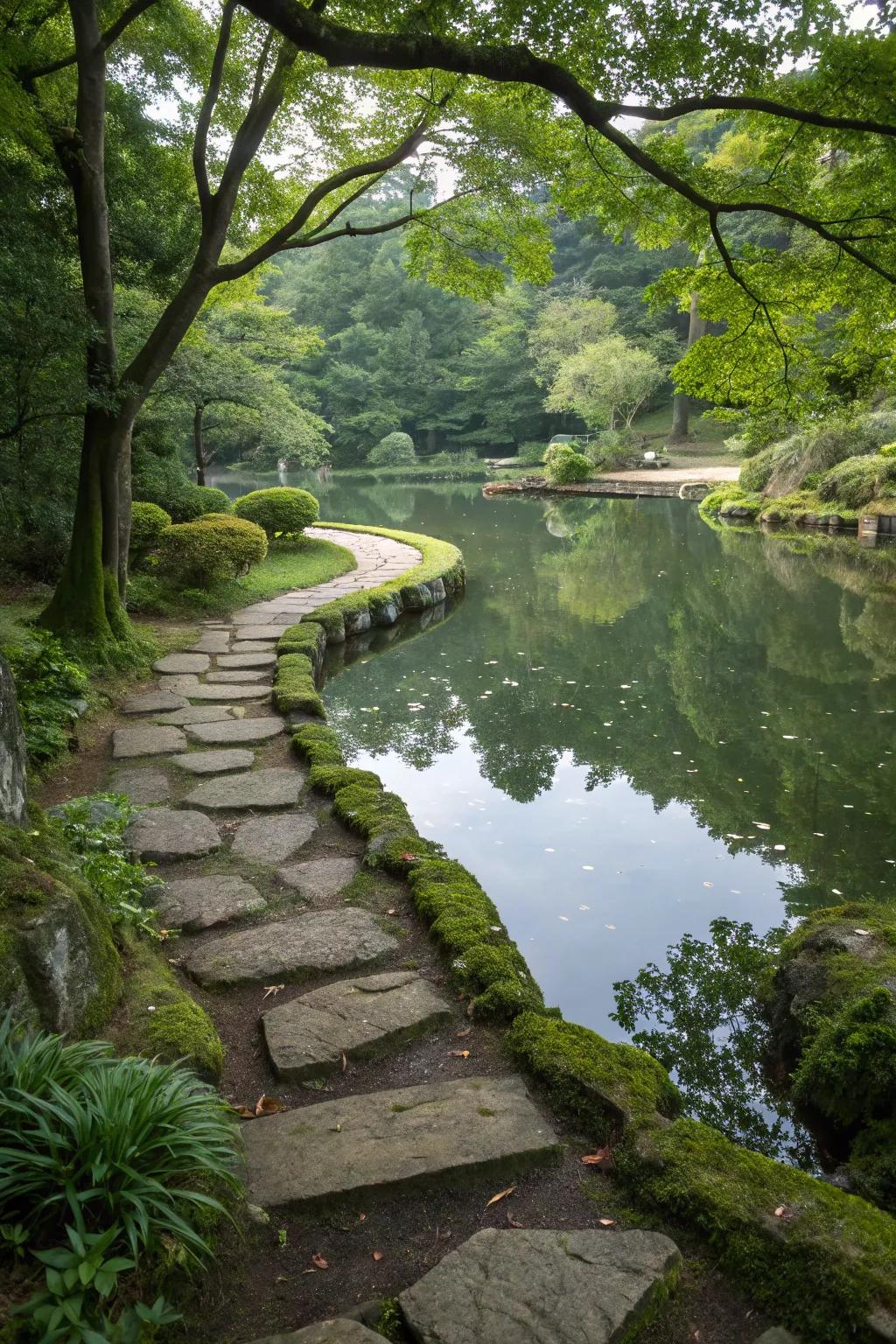 Stone pathways beckon exploration around this serene pond.