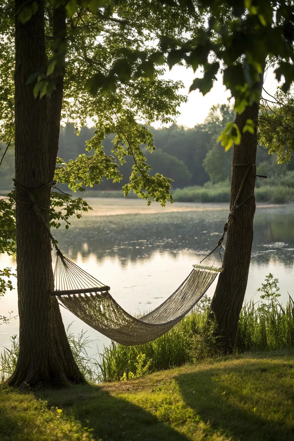 A hammock offers a tranquil escape near the pond.