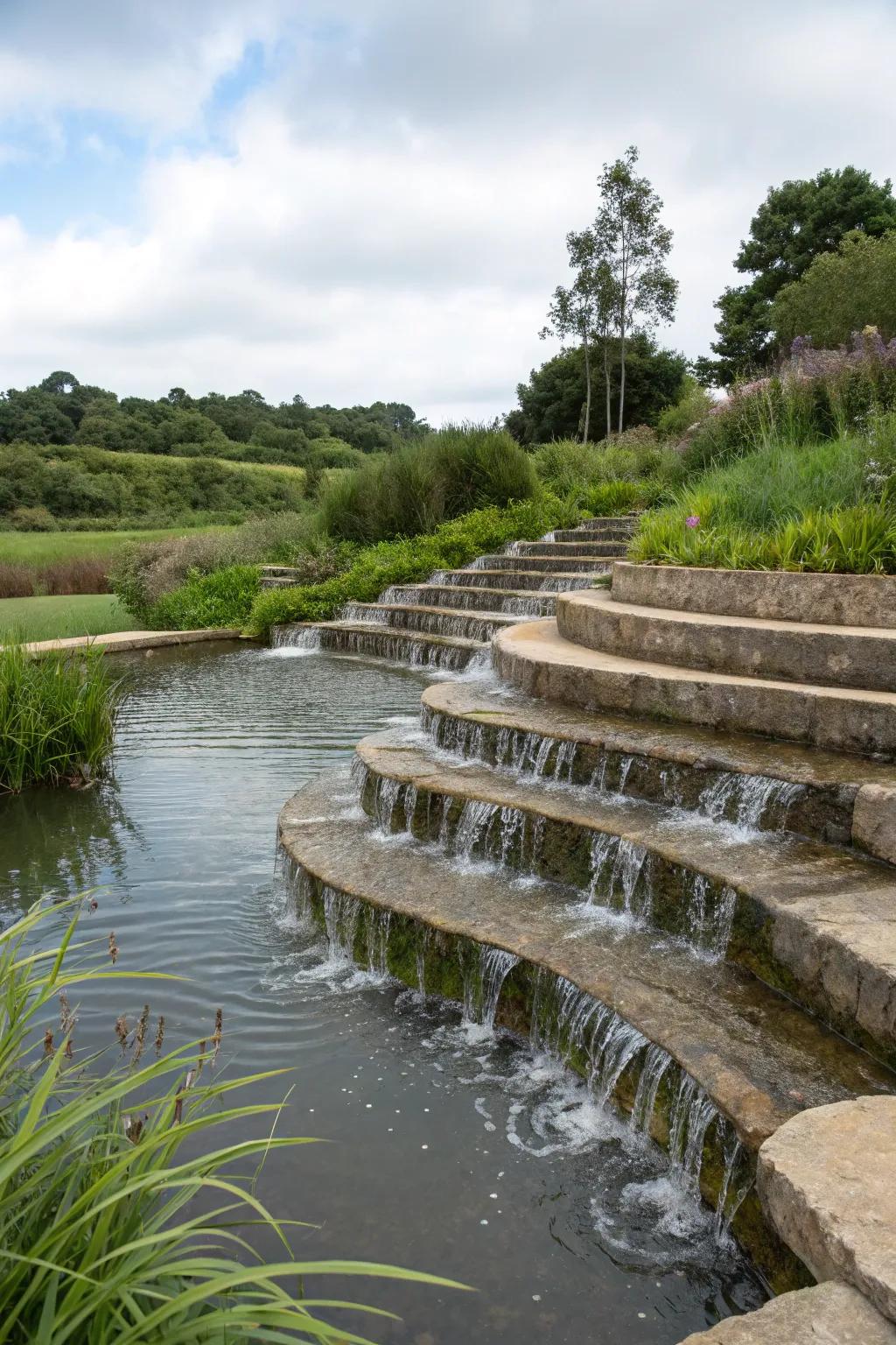 Staggered platforms enrich the dimension and charm of your pond stream.