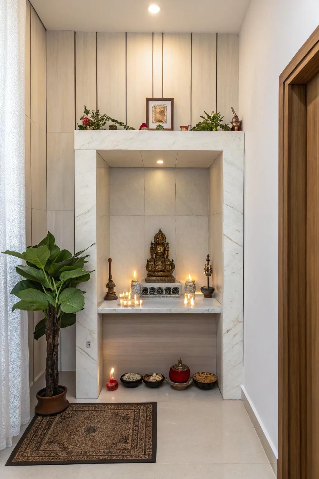 Intimate yet practical, this pooja corner maximizes the use of restricted space.