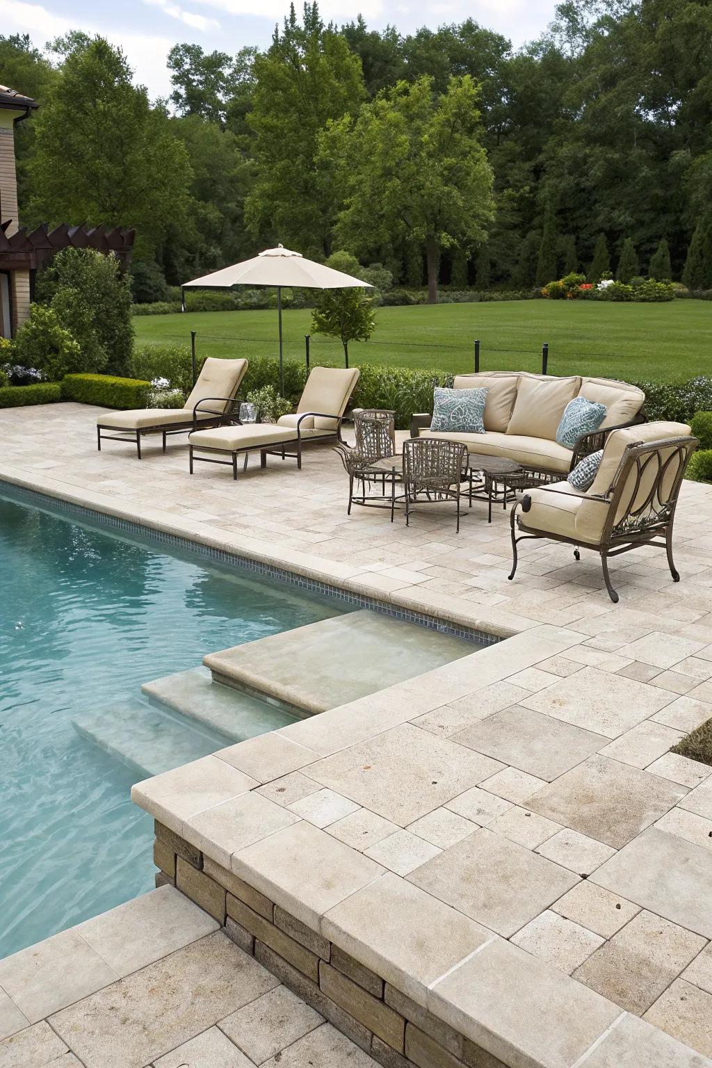 Travertine coping lends an element of sophistication to any pool.