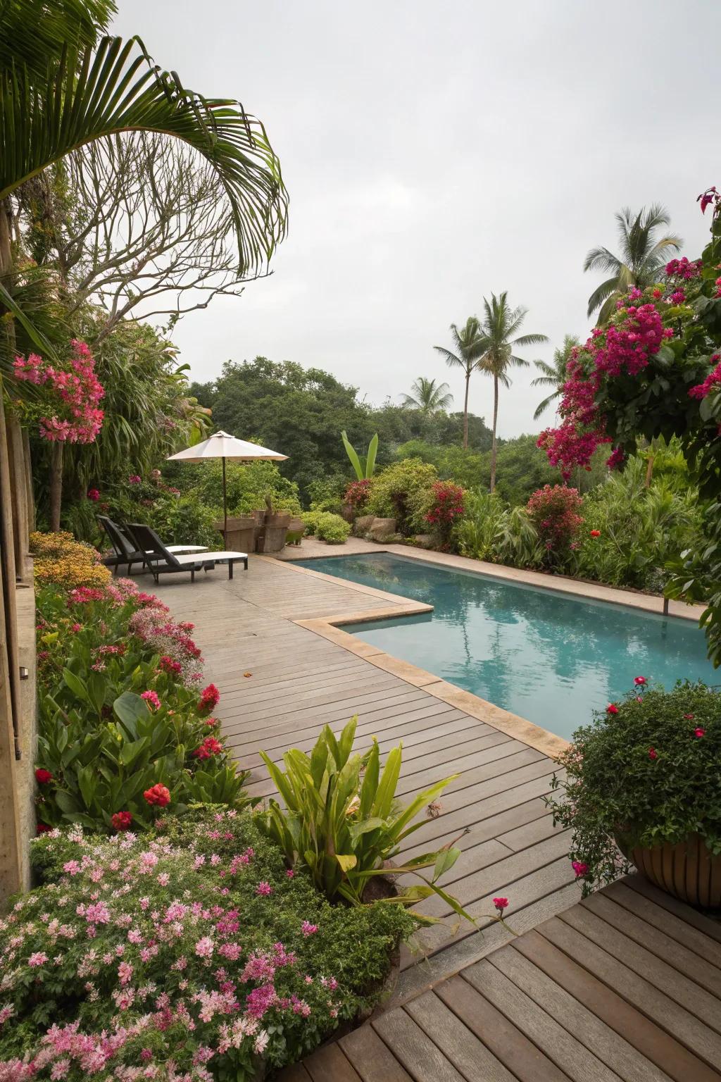 Cultivate a tranquil escape with abundant garden design by your pool.