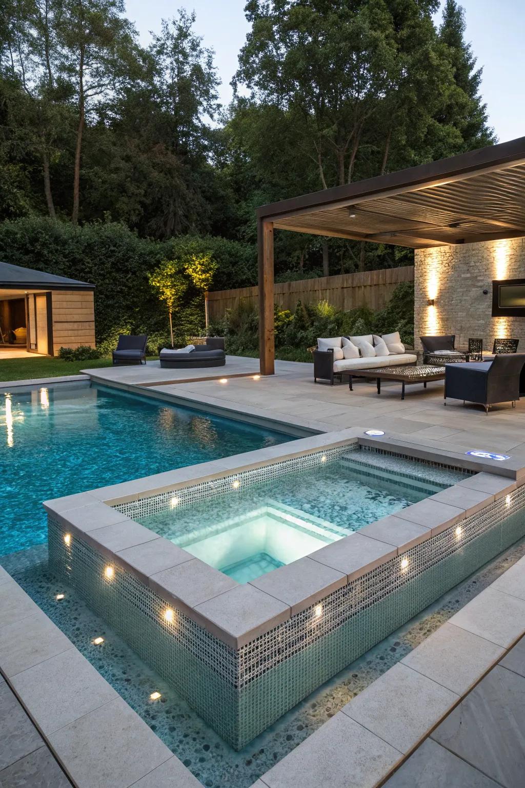 Relish the finest of both realms with a pool and hydromassage tub fusion.