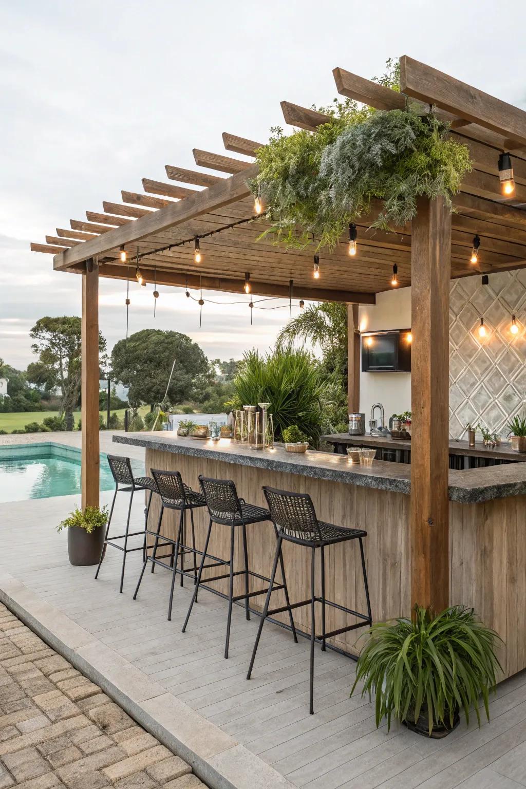 A lattice-covered wet bar fashions a flawless open-air atmosphere.