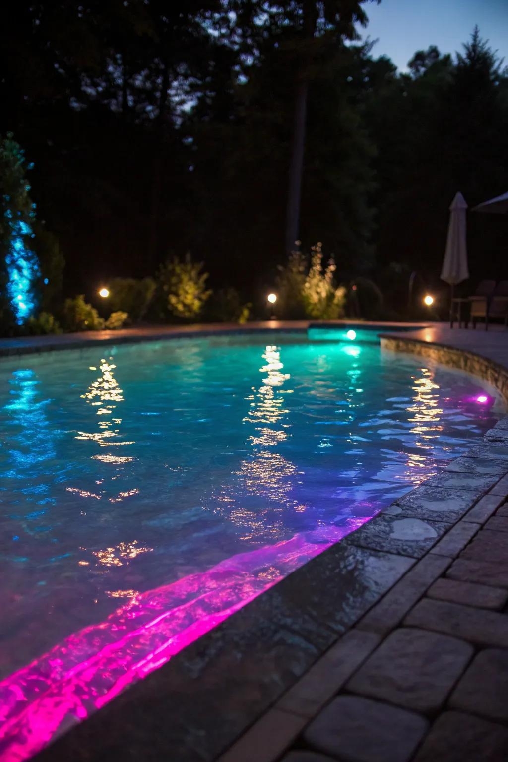 A pool illuminated with colorful light-emitting diode lights to achieve a magical nighttime swim.