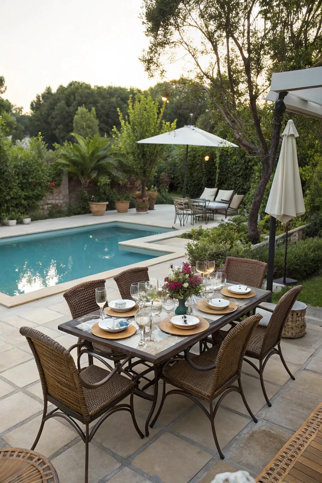 An outdoor dining area by the pool is ideal for summer evenings.