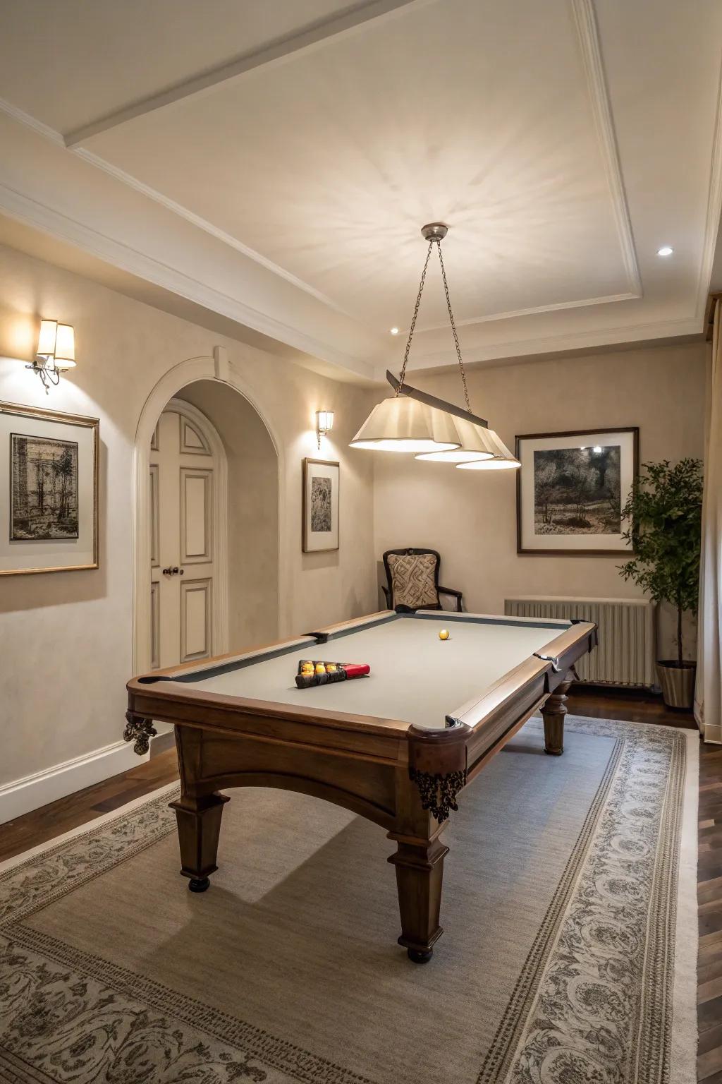 Neutral hues provide a small pool table room with an expansive and airy ambiance.