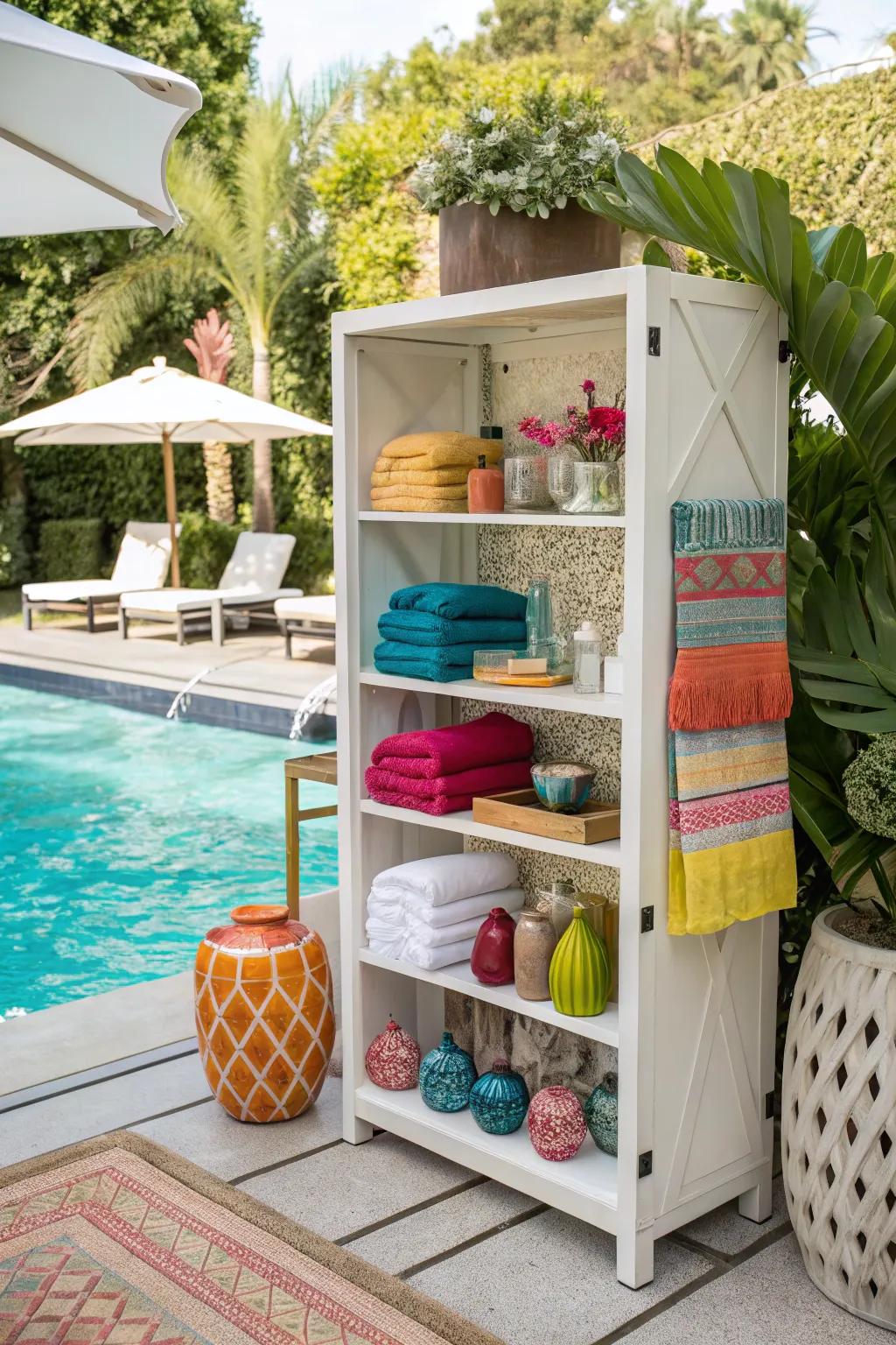 Exposed shelving presenting towels with an ornamental touch.