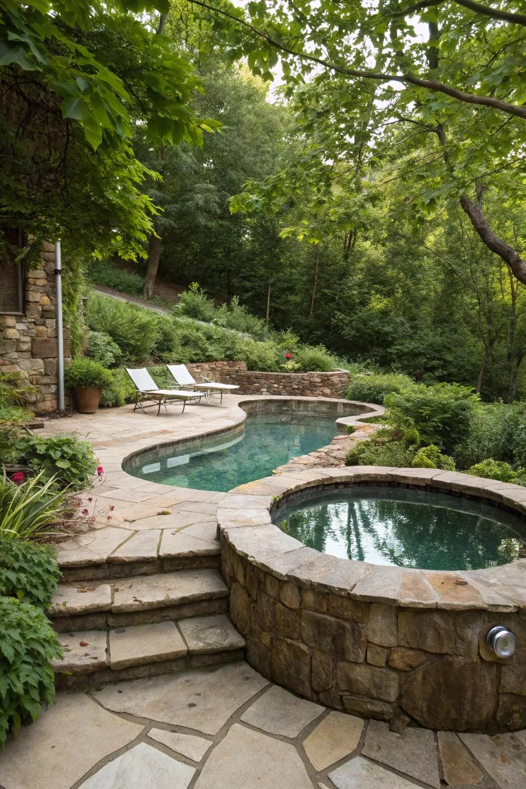 Natural stone establishes an earthy, organic atmosphere encircling your pool and jacuzzi.