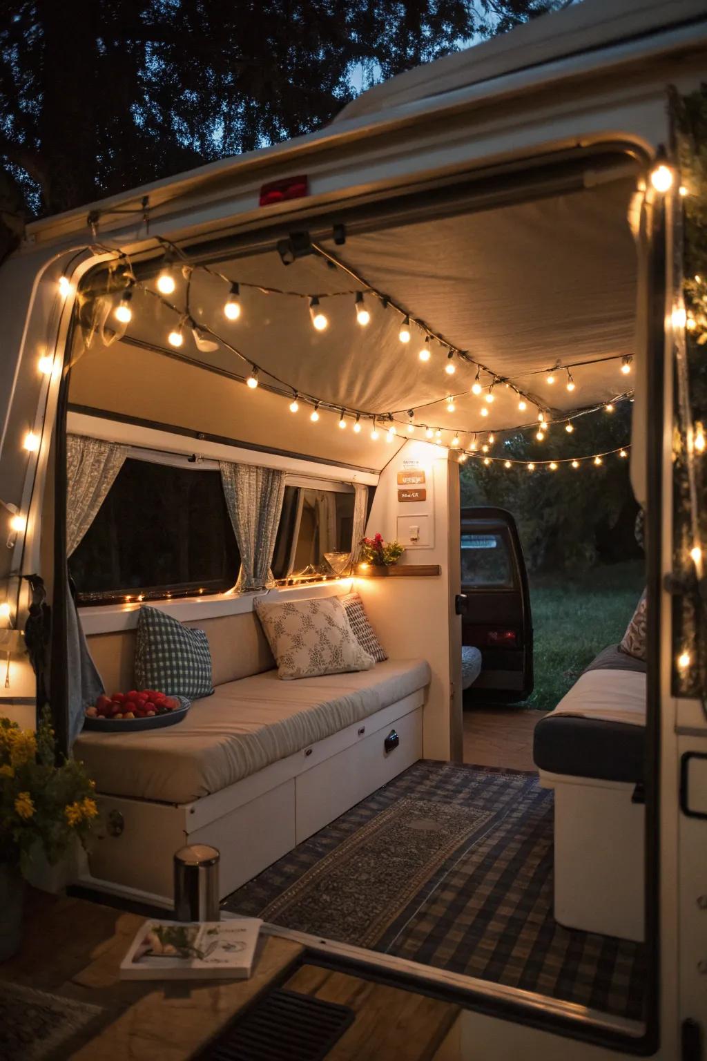 Ambient illumination introduces warmth and appeal to the camper’s interior.