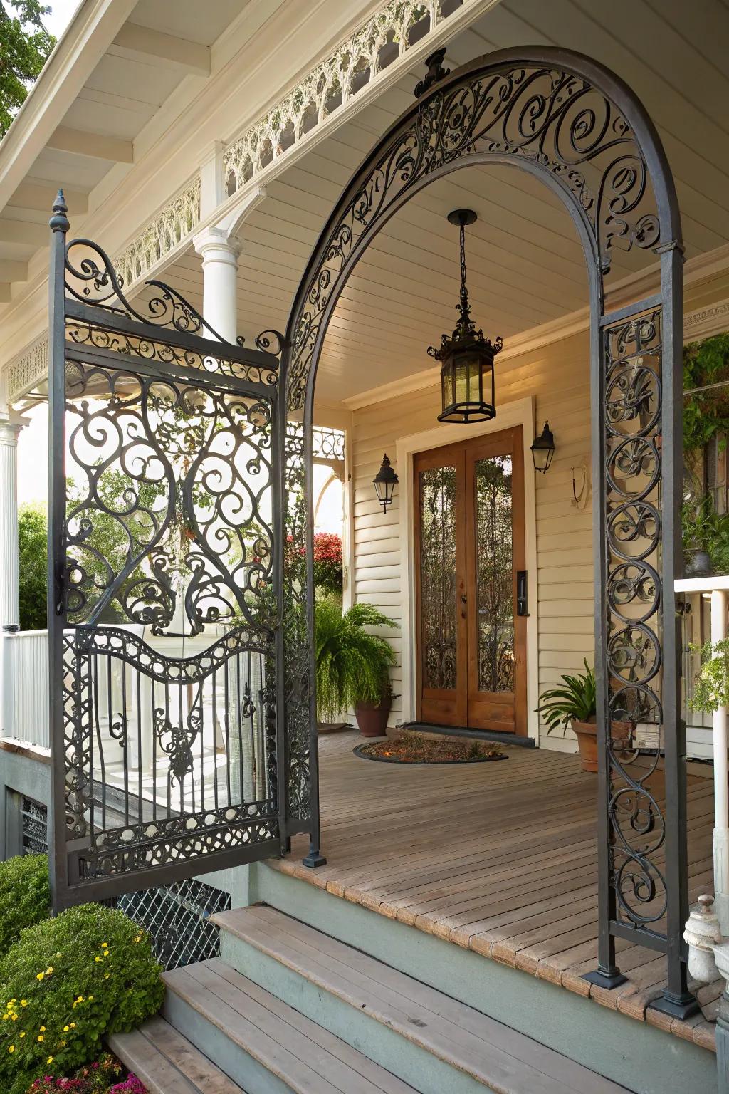 Detailed metalwork transforms a porch into a masterpiece.