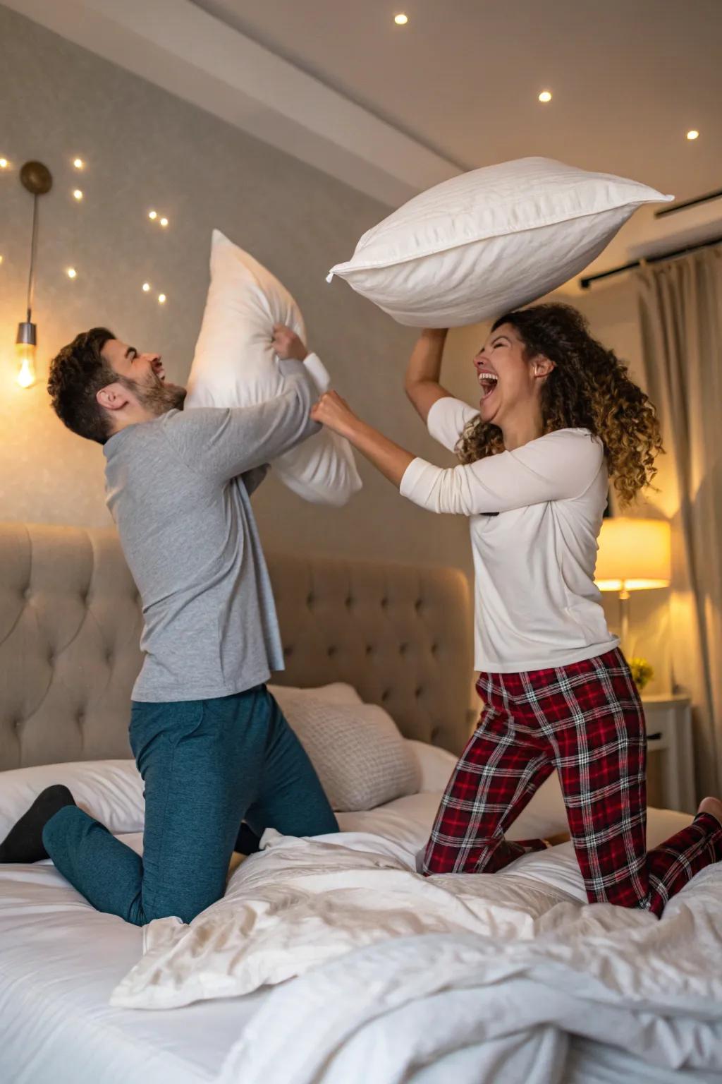 Introduce a sense of fun and dynamism into your bedroom photoshoot through a lively pillow fight.