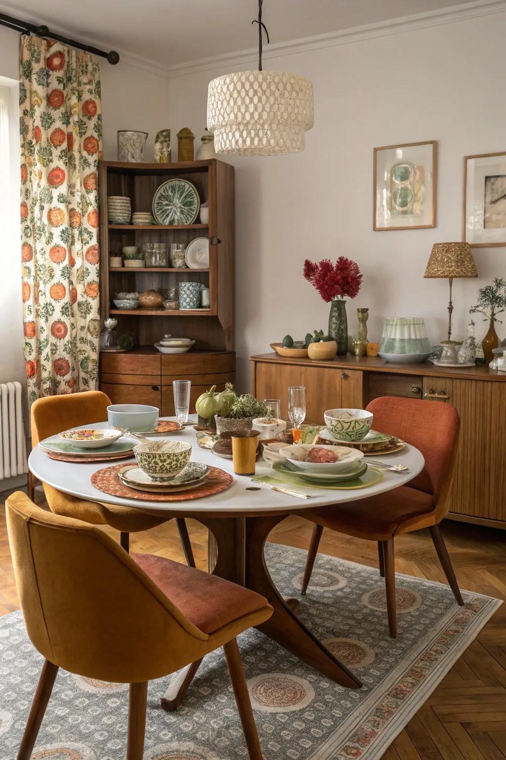 A dining space decorated with vintage tableware and dishes evoking the 60s and 70s.