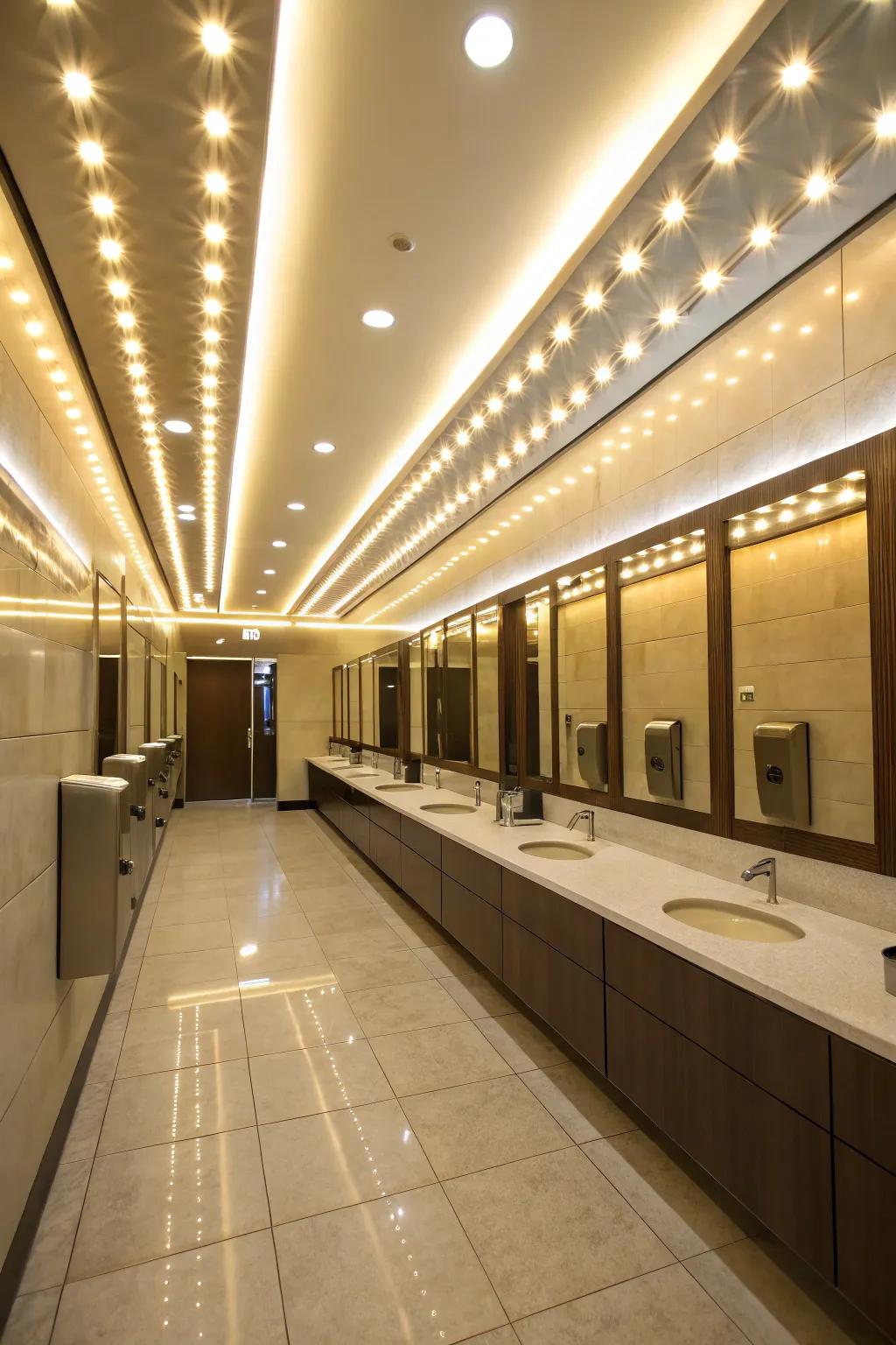 Thoughtfully planned illumination in a public restroom amplifies atmosphere and practical application.