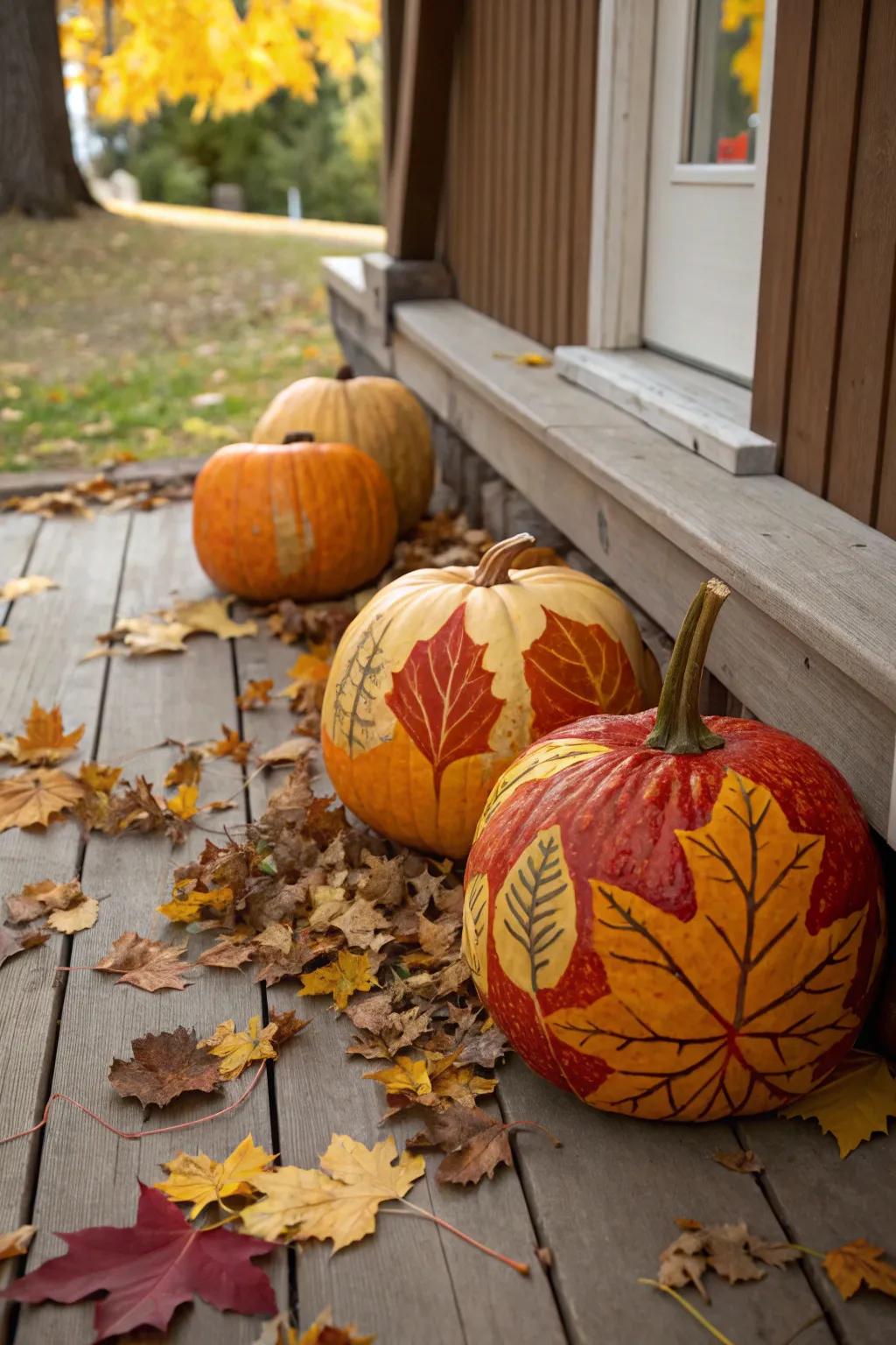Celebrate autumn with designs inspired by natural foliage on pumpkins.