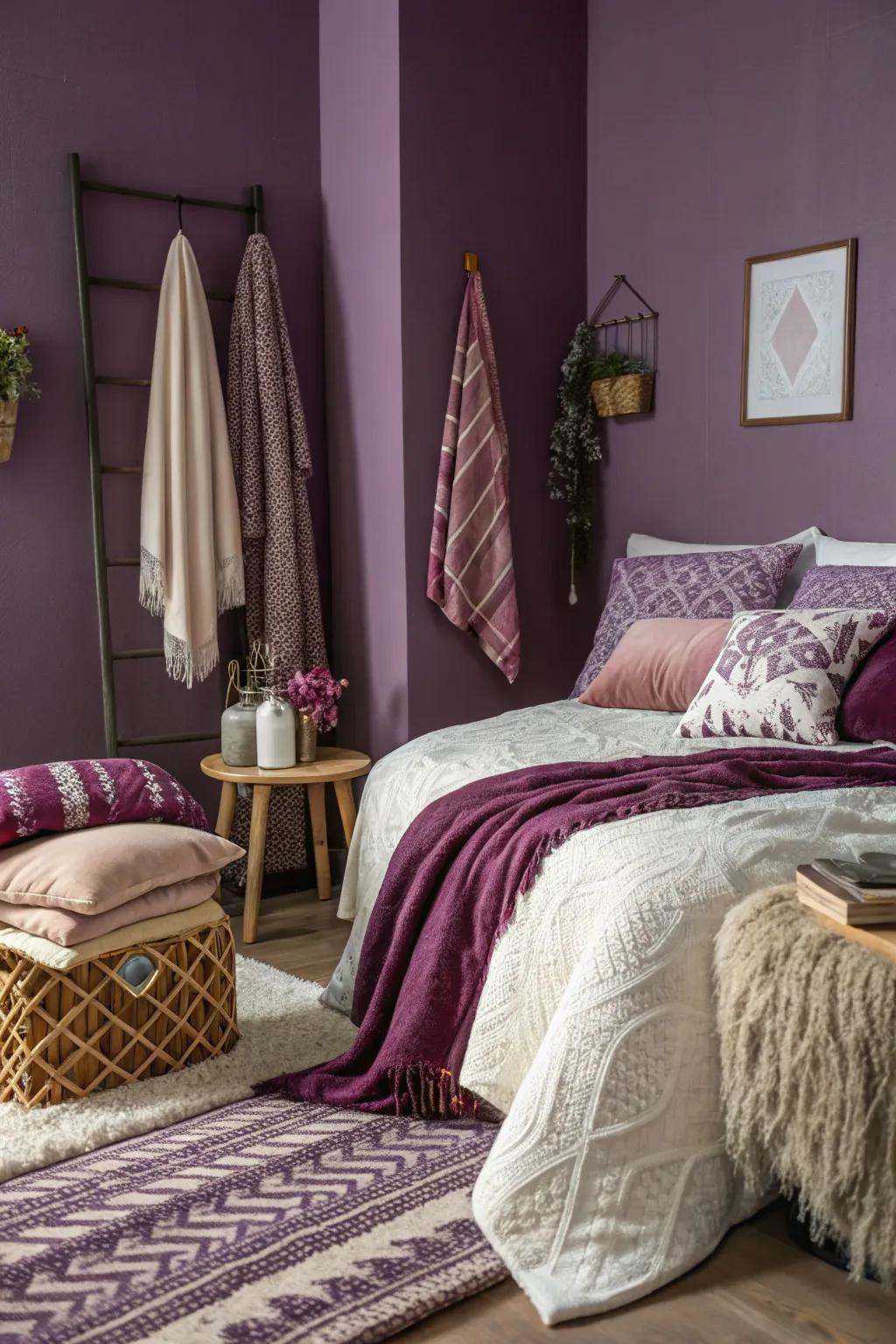Textured textiles enhance the depth of a purple-themed bedroom.