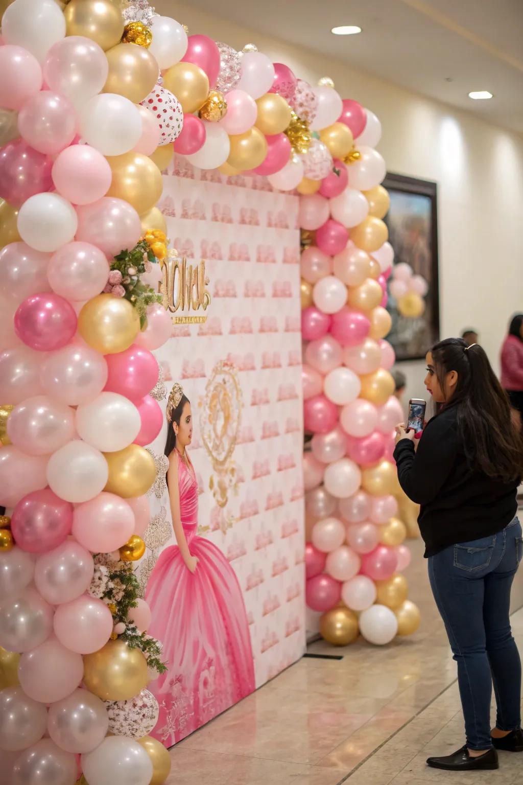 A themed balloon photographic setting ideal for chronicling momentous instances.
