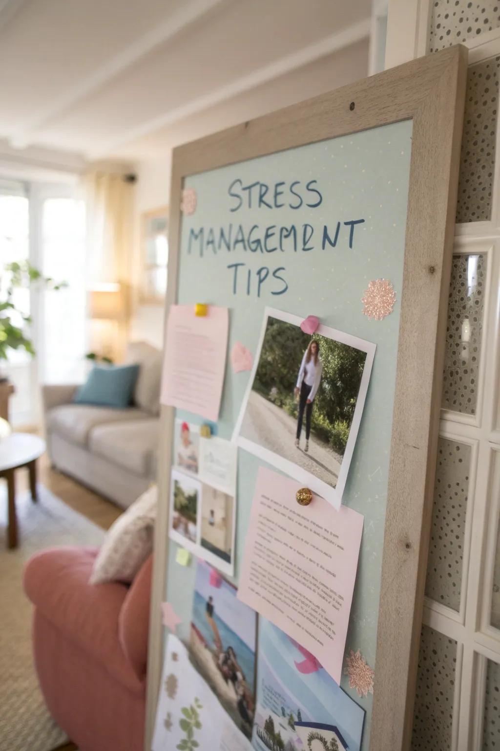 A calming board providing practical stress management advice.