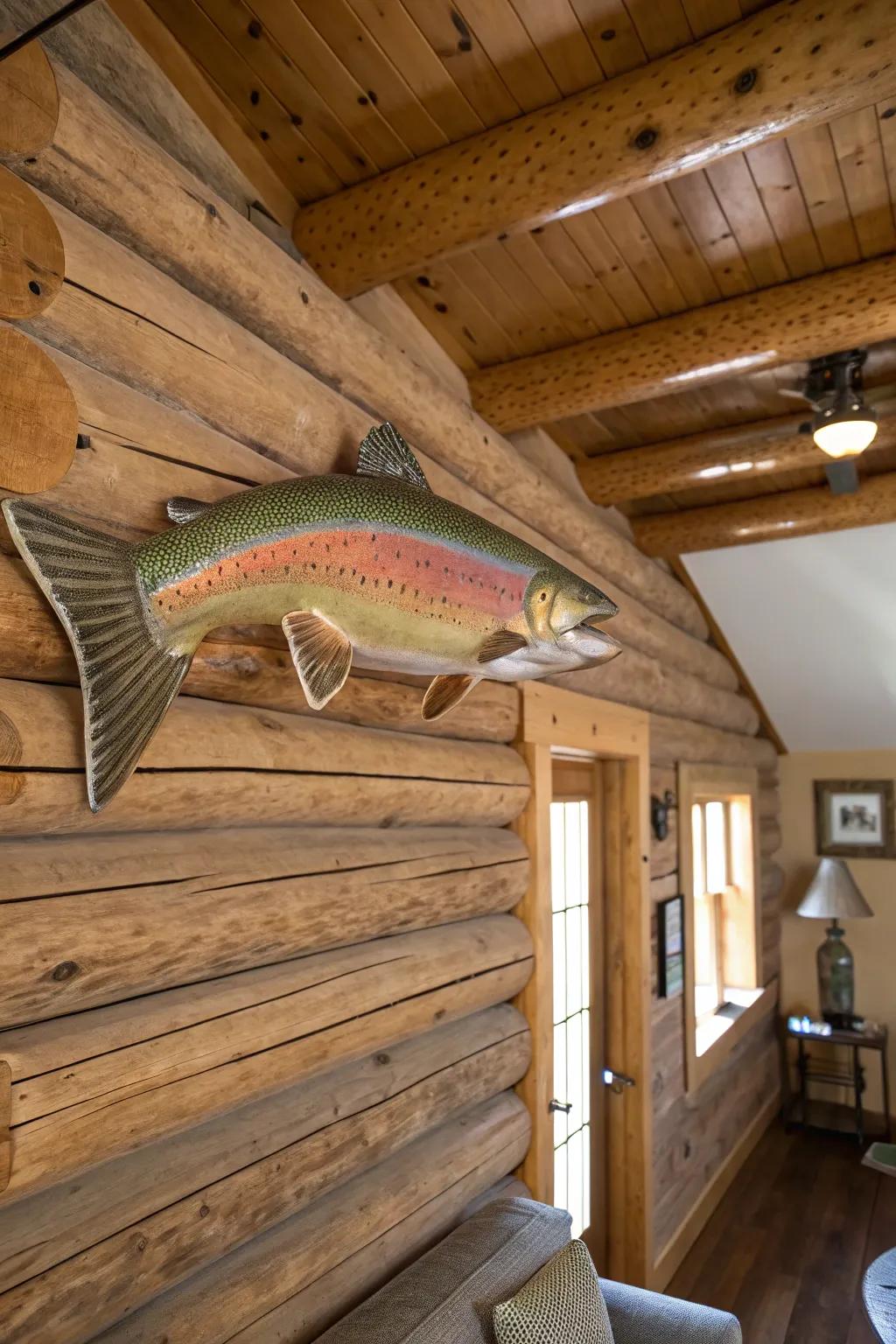 A rustic wall mount featuring a rainbow trout infuses a space with cozy, cabin-inspired allure.