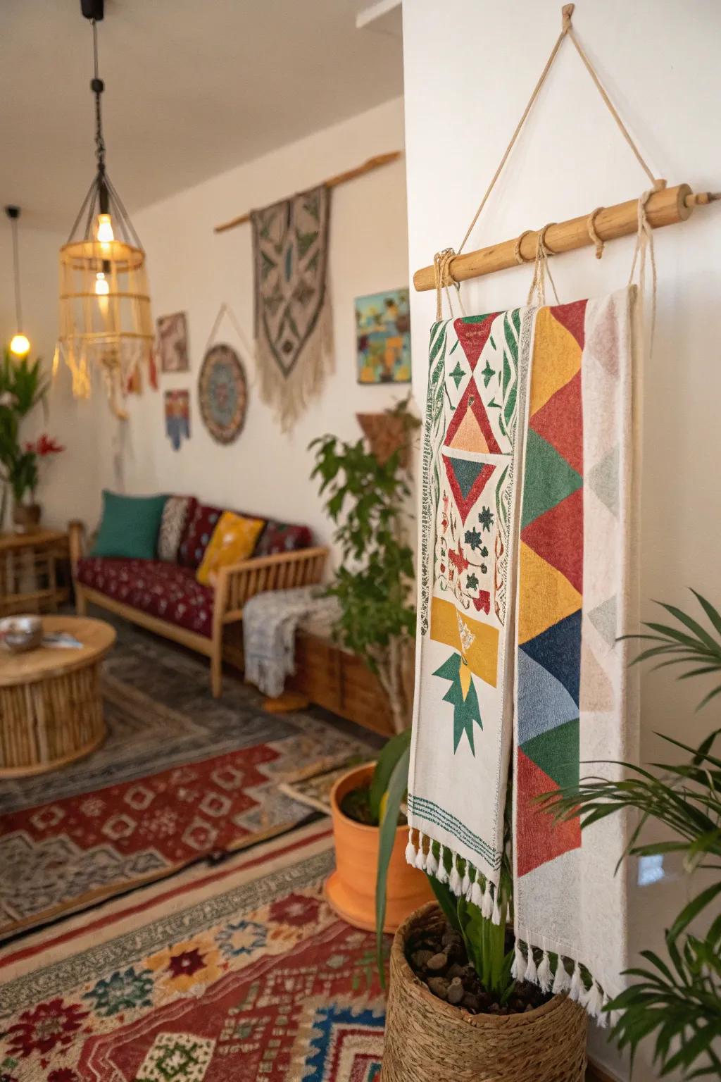 Produce a prominent suspended mural utilizing celebration cloths.