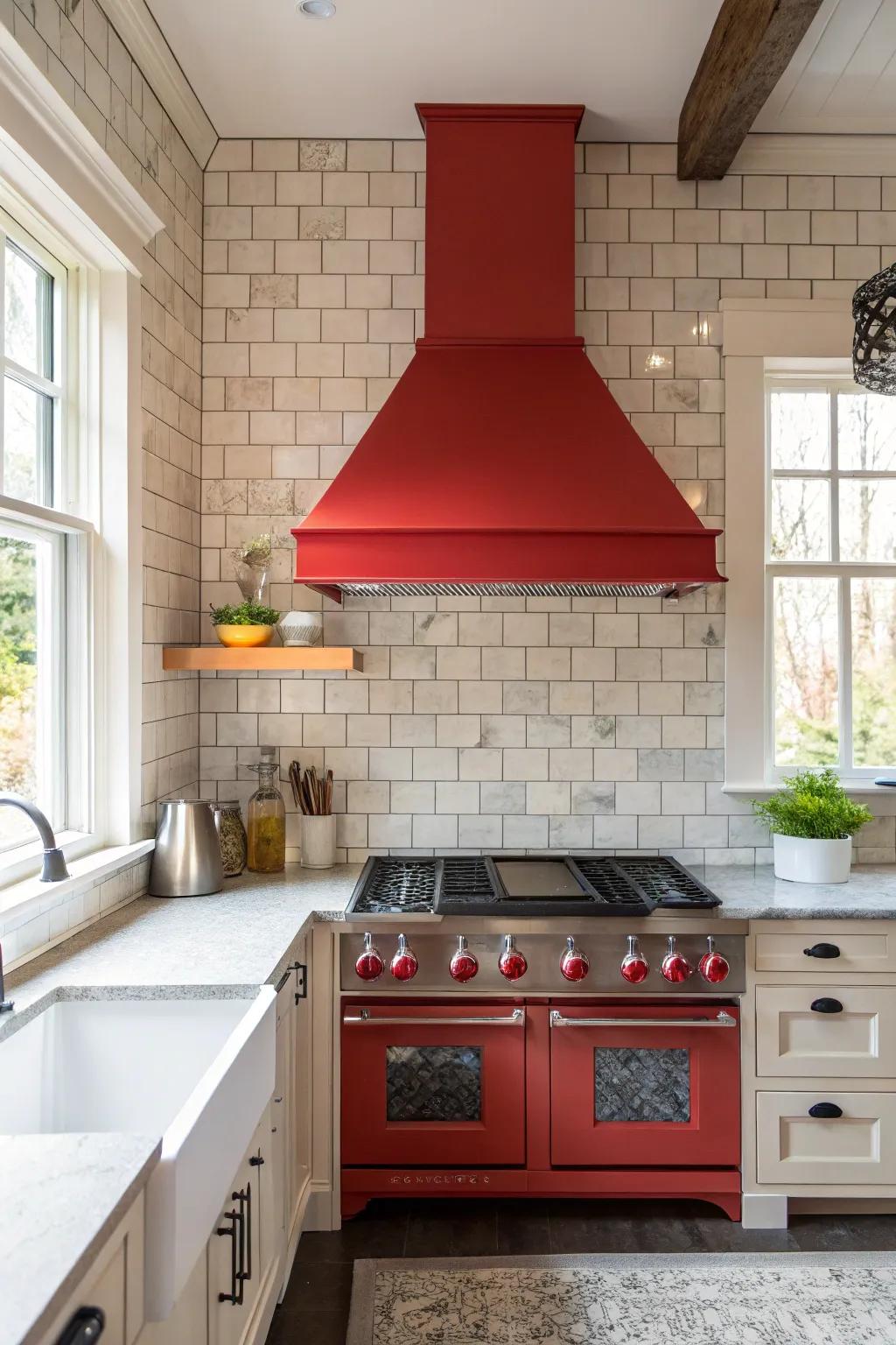 Kitchen presenting a vibrant vent hood contrasted by a gentle, neutral tile backsplash.