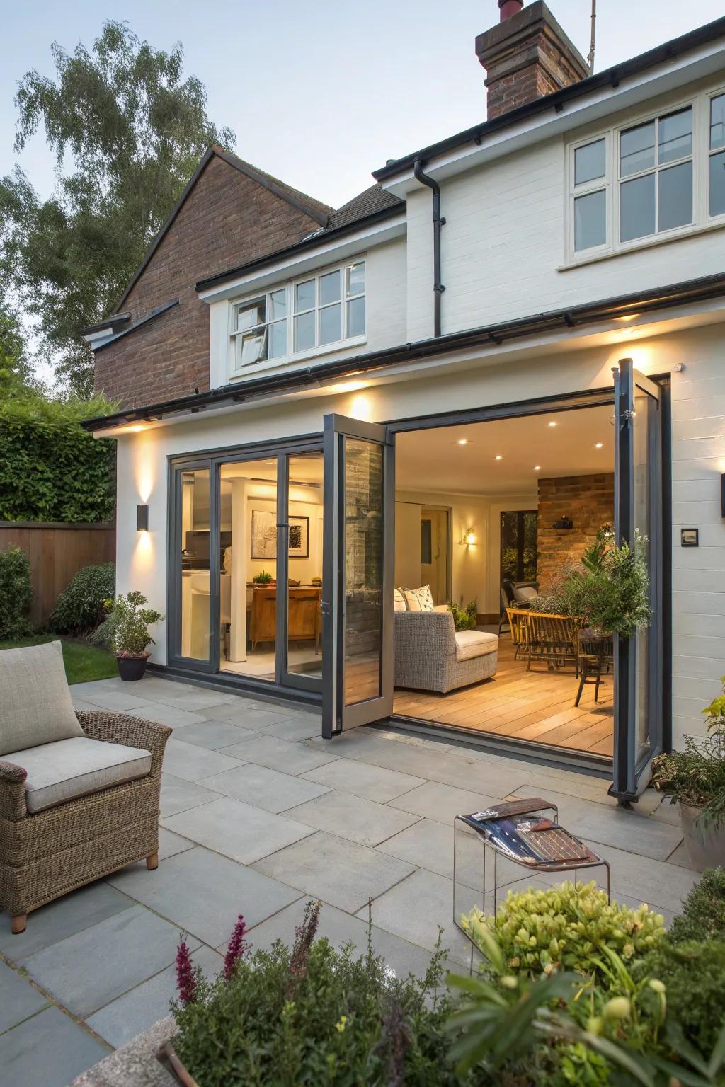 A rear house extension with bi-fold doors that seamlessly integrate indoor and outdoor spaces.