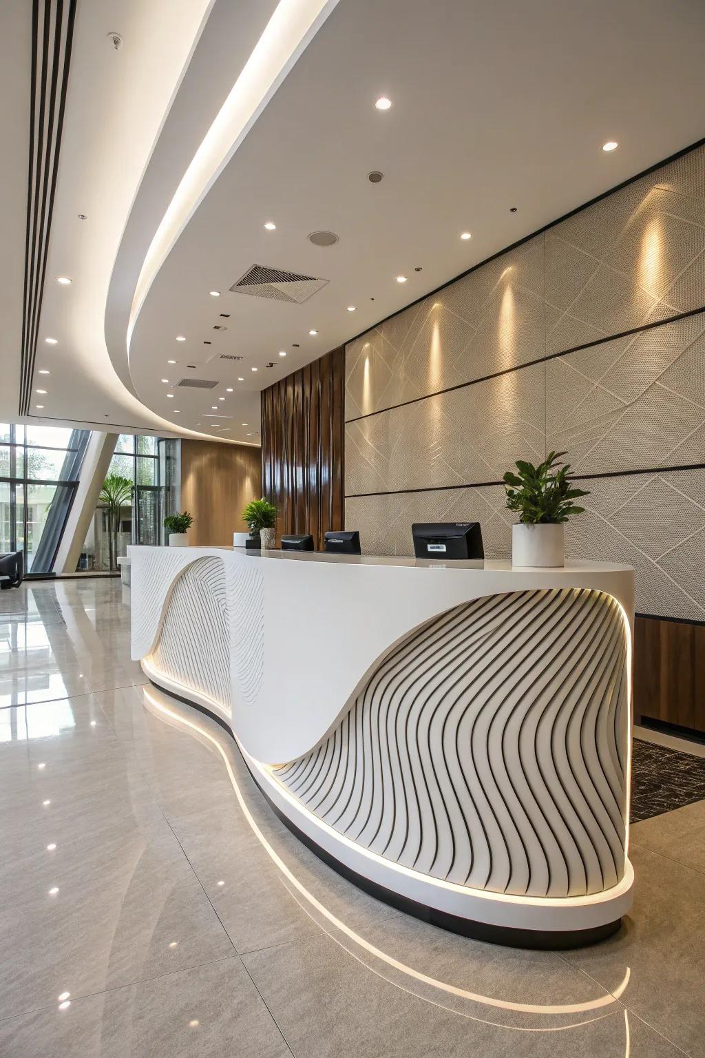 An impressive welcome desk featuring stylish contours.