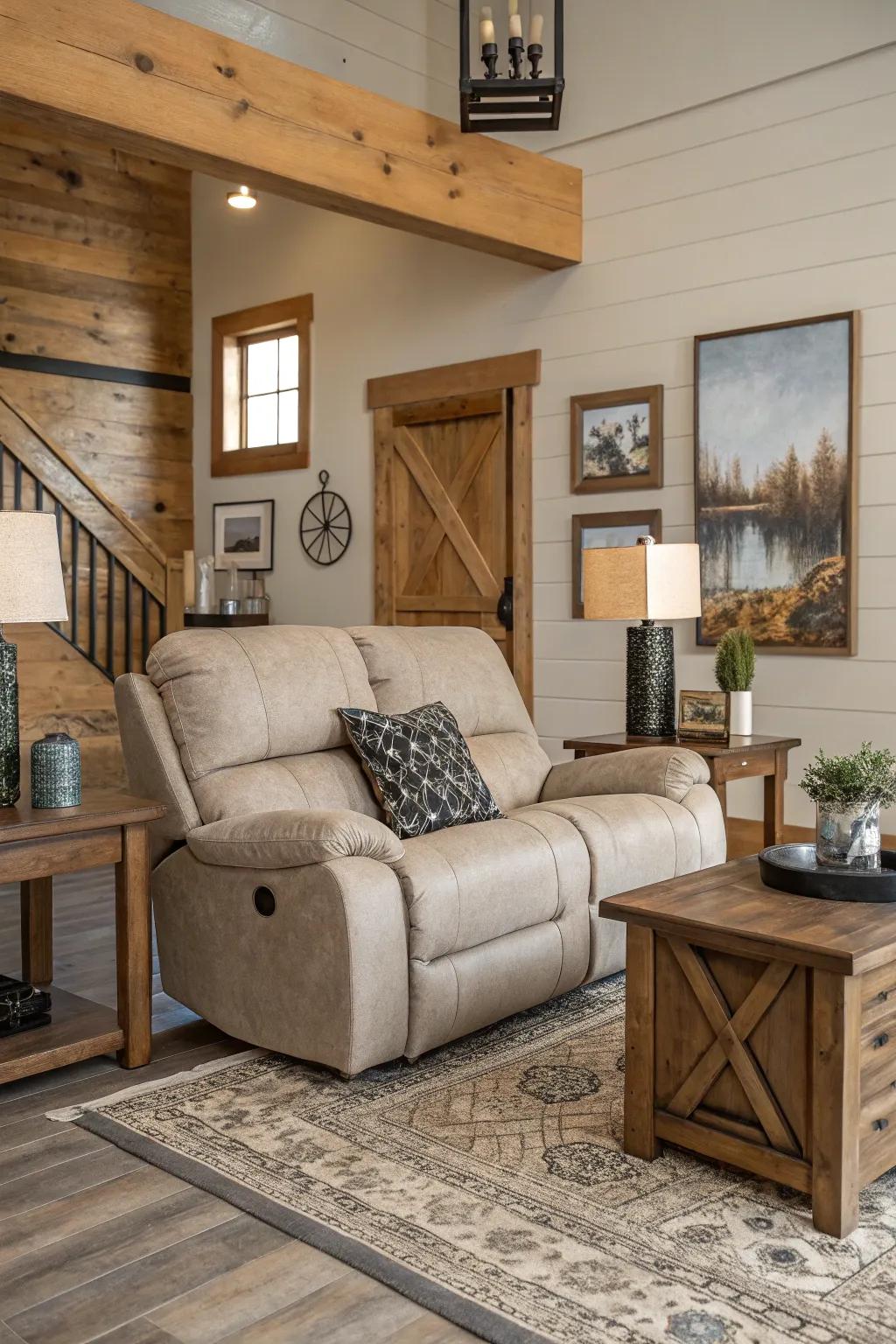 A harmonious combination of contemporary and country elements surrounding a reclining sofa.
