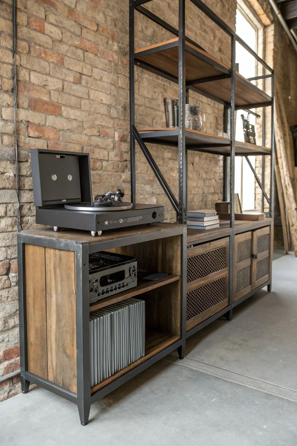 An industrial chic record player arrangement featuring metal and timber elements.