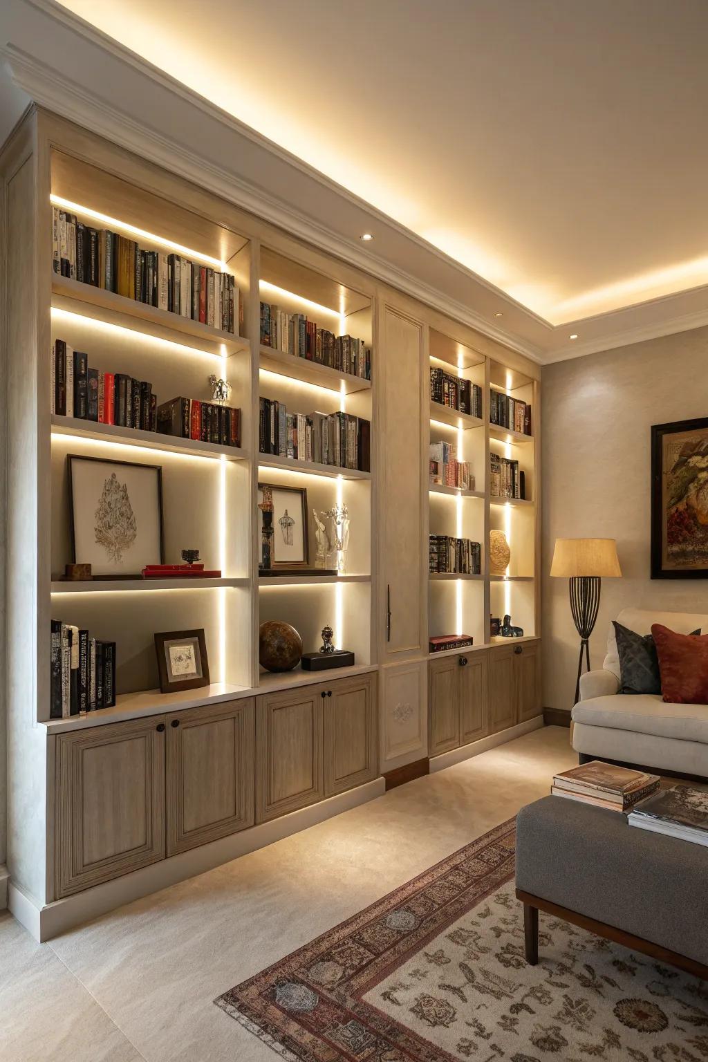 Tall shelves add both height and visual appeal to the room.
