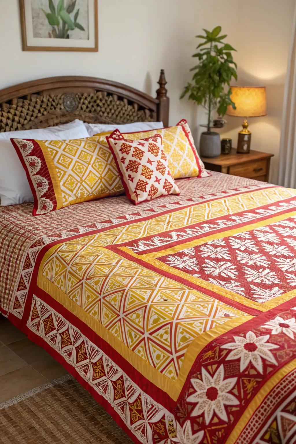 Patterned bedding in crimson and gold imparts a playful and energetic ambiance to this sleeping chamber.