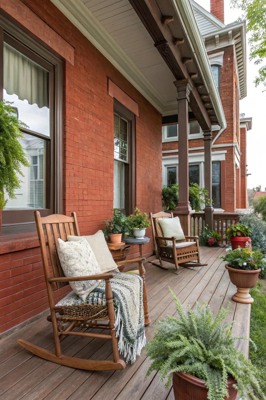 An inviting veranda that elevates the charm of a red brick house.