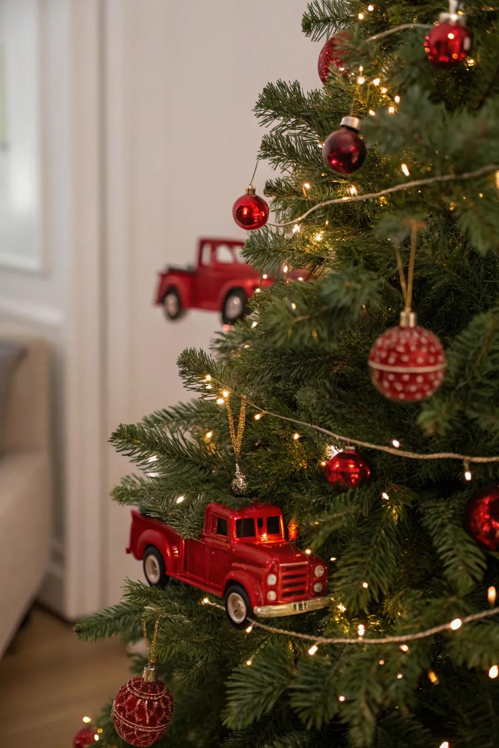 Whimsical crimson pickup baubles appending charm to the Christmas fir.