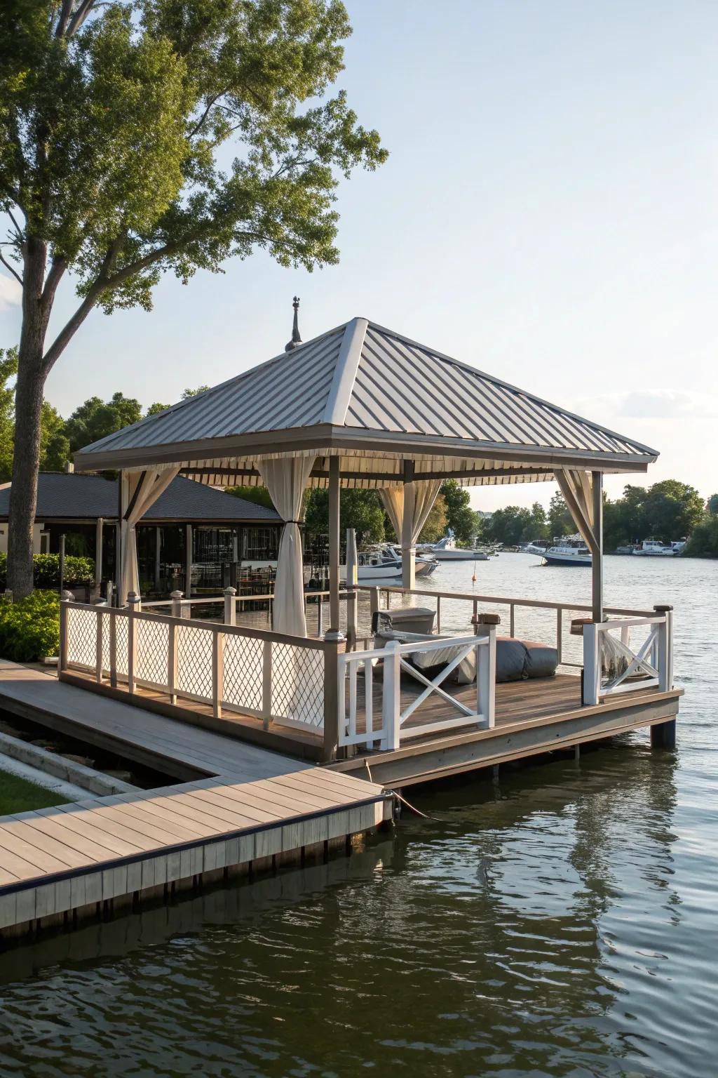 A functional dock with a canopy, designed for enjoyment in all weather conditions.