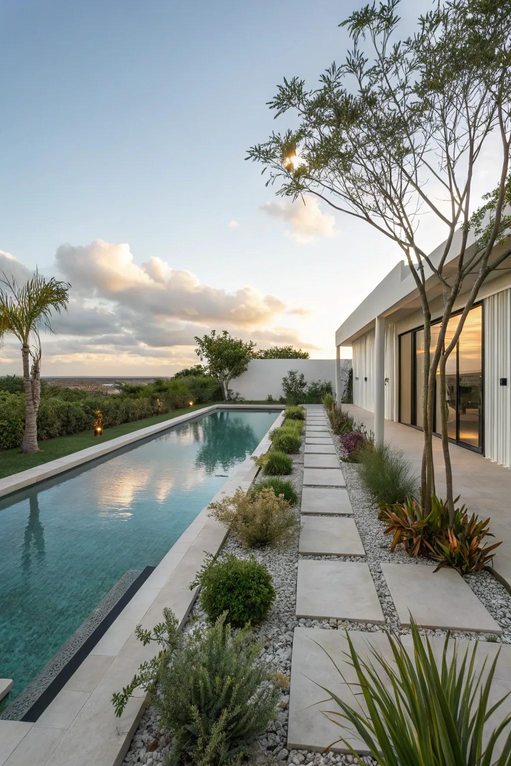 Minimalist landscaping elegantly complements the refined design of modern pools.