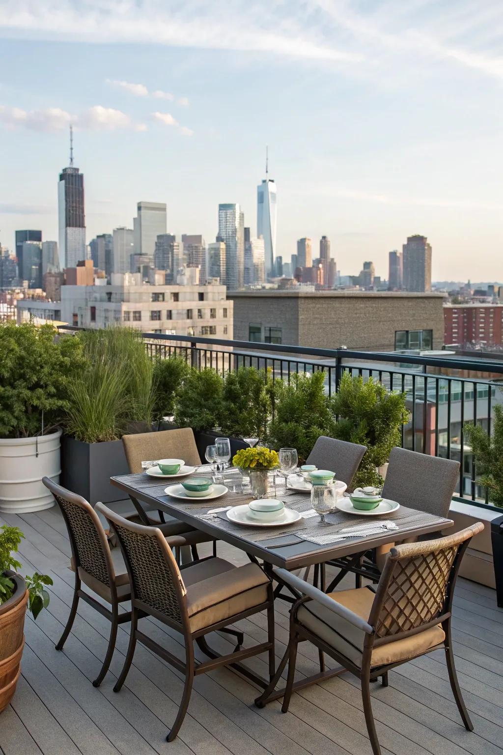 Design an exclusive dining sanctuary on your rooftop deck for memorable meals enriched by breathtaking views.