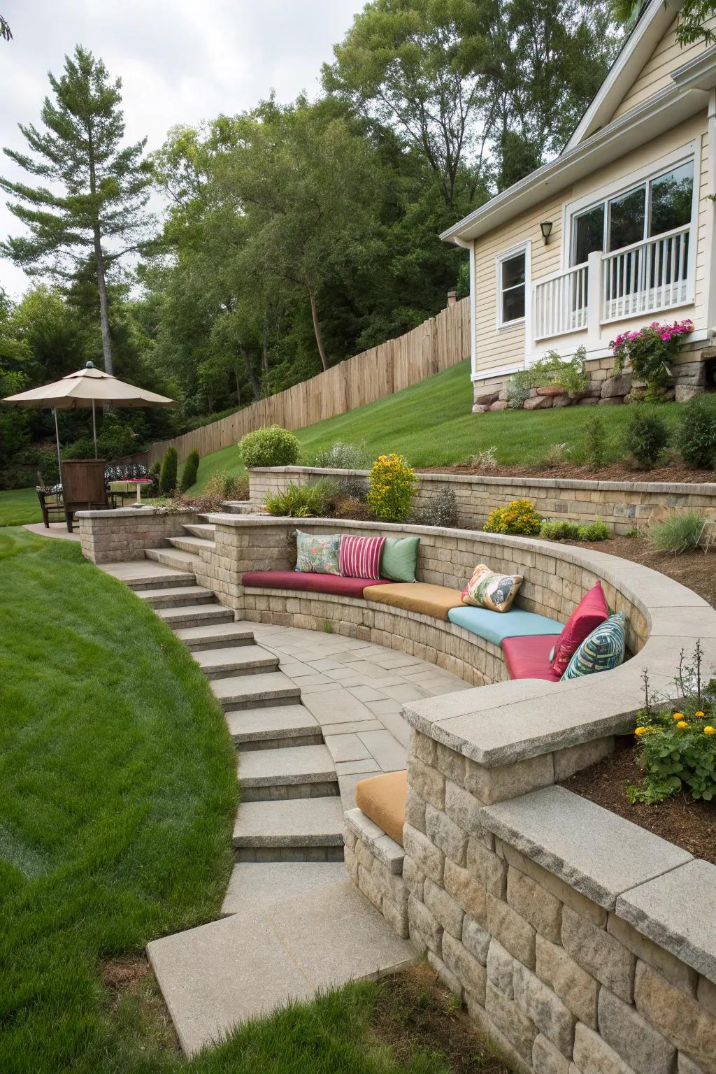 Walls for seating offer both support and a place to unwind.