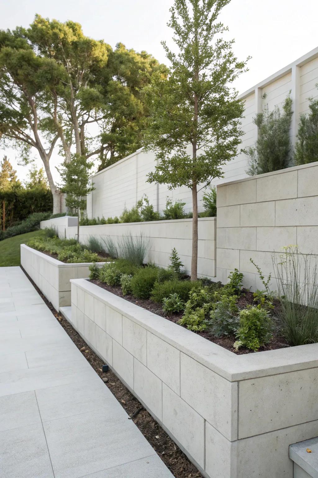 Uncluttered outlines and modern design engender an elegant retaining wall allure.
