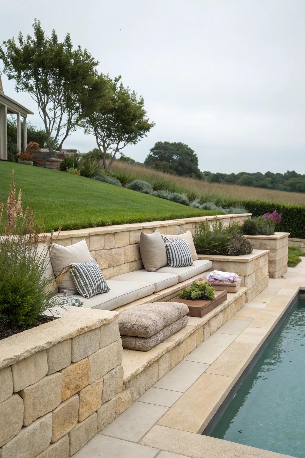 Retaining wall featuring built-in seating for poolside relaxation.