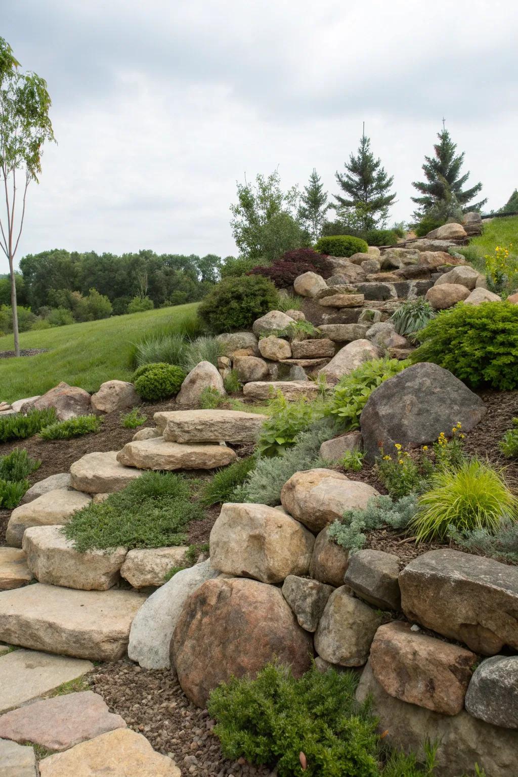 Superimposed surfaces of stones contribute dimension to your landscape.
