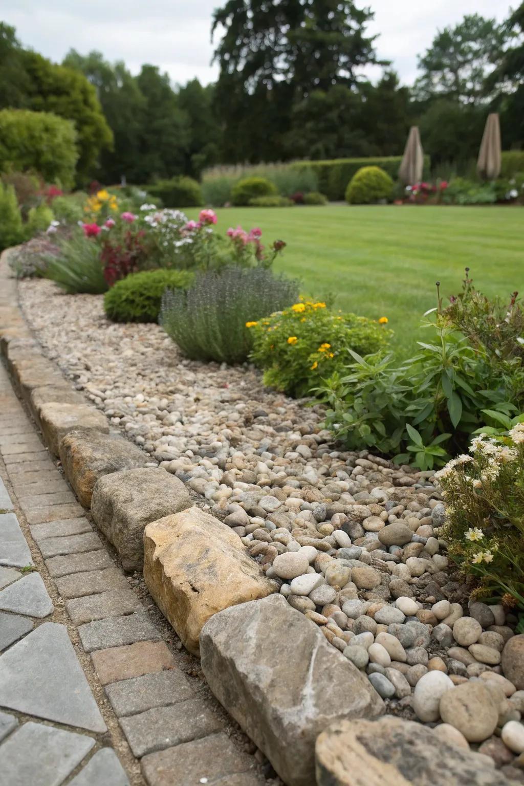 A garden margin incorporating combined stone and shale elements for an integrated, textured manifestation.