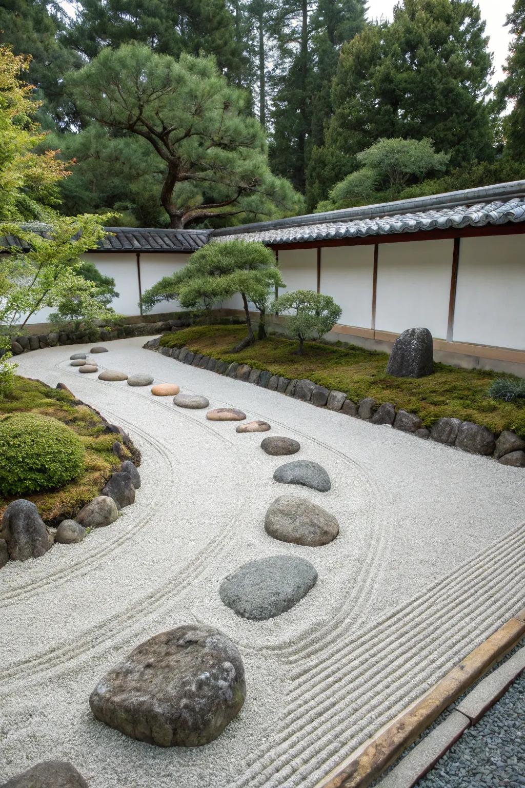 A minimalist Zen stone sanctuary featuring organized stones and combed gravel.