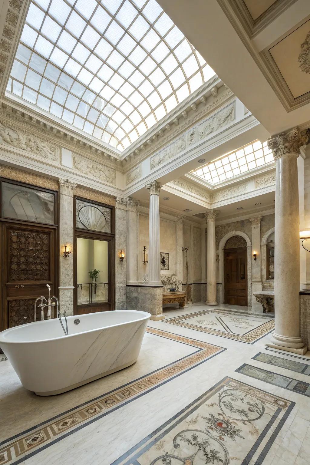 An open design improves the grandeur of a Roman-influenced bathroom.