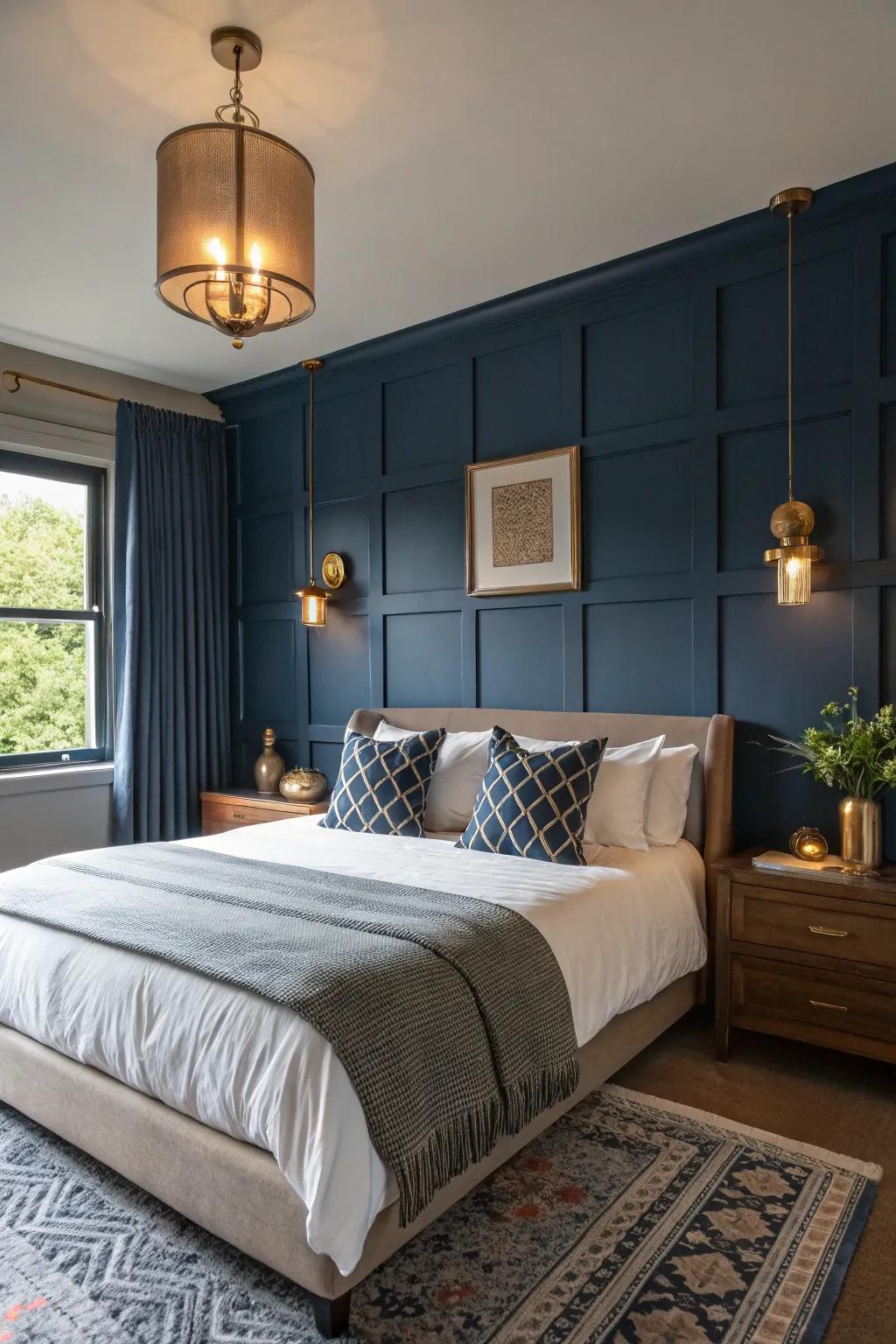Golden embellishments contribute both coziness and sophistication to your indigo-themed area.