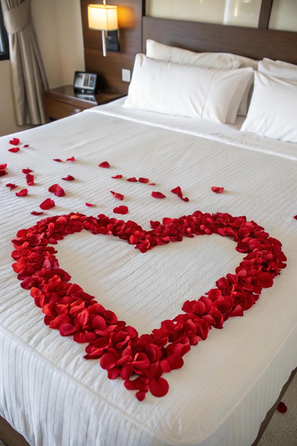A heart fashioned from rose petals is a timeless romantic gesture.