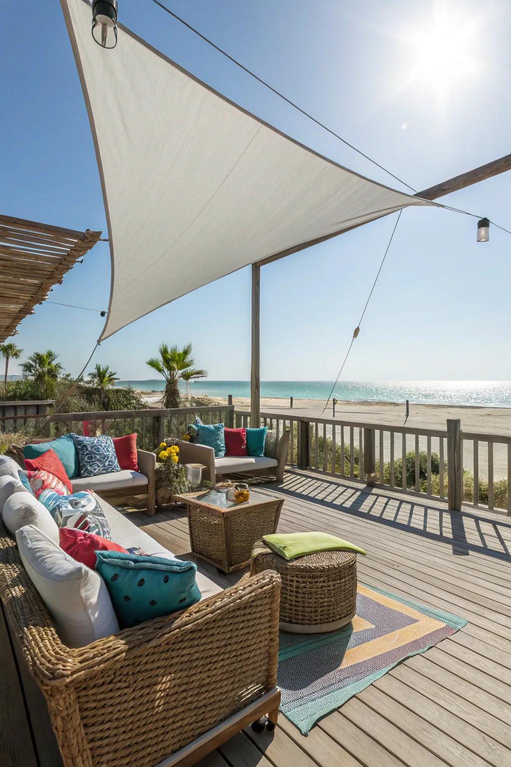 Shade sails lend a contemporary, airy feel to your deck.