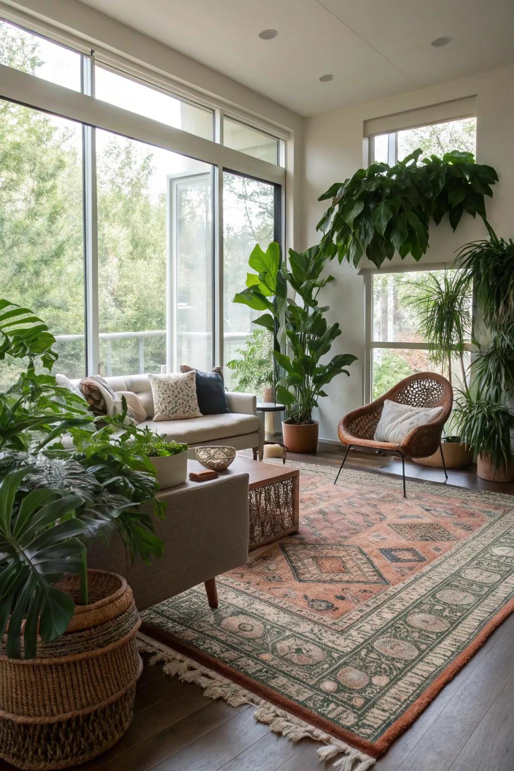 A contemporary area animated by the presence of botanicals and a zone-defining rug.