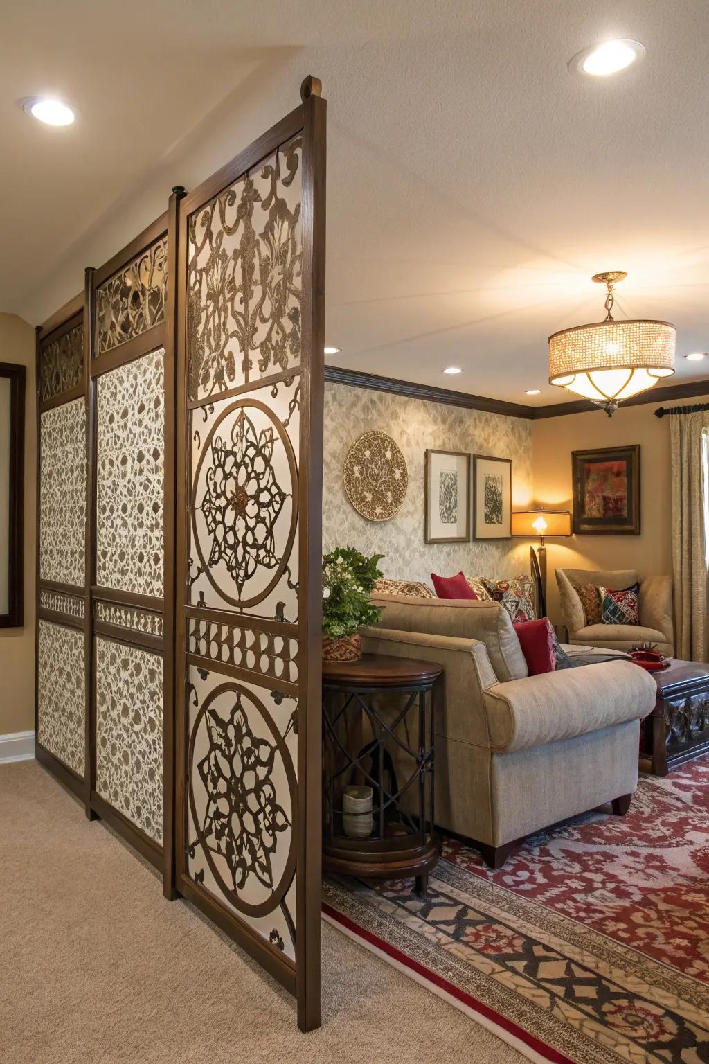 A lounge showcasing an artfully designed partition wall, doubling as a stunning artistic divider.